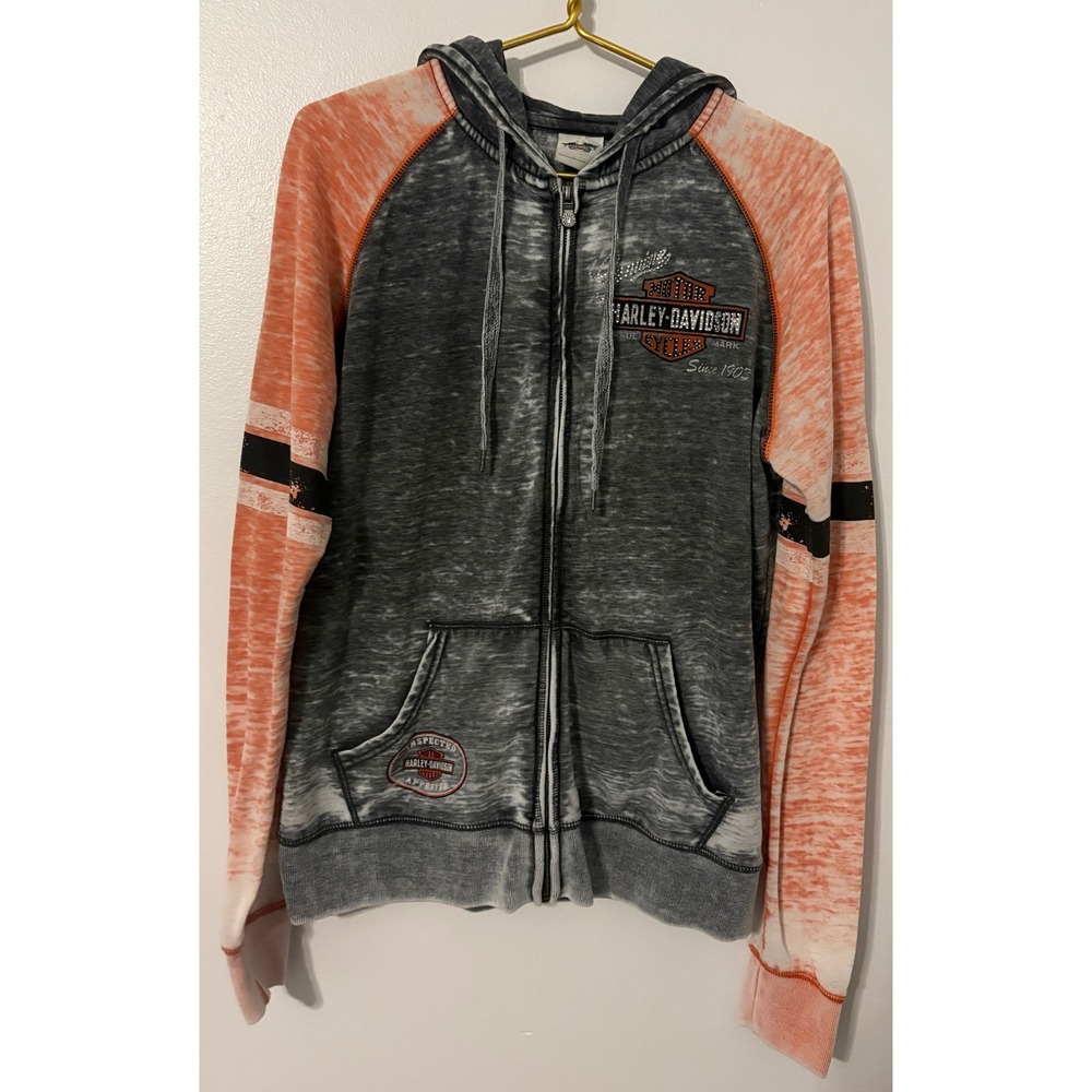 Harley Davidson Women Gray Orange Rhinestone Zip Hoodie 99195-14VW Medium